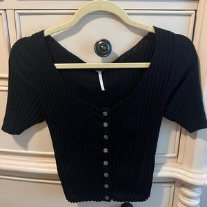 Free People Little Cutie Black Ribbed Knit Short Sleeve Cardigan